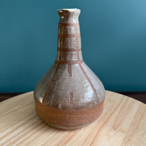 Vintage Handcrafted Asian Stoneware Vase Grayish White Brown Geometric - Picture 1 of 10